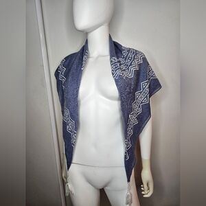 Blue and White Patterned Shawl with Tassels